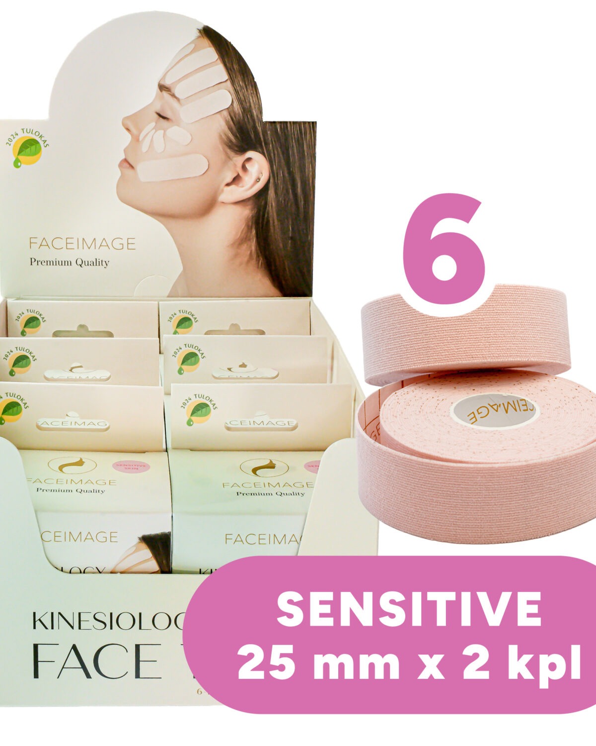 6-pack Kinesioteippi kasvoille Sensitive 2 x 2,5cm x 5m