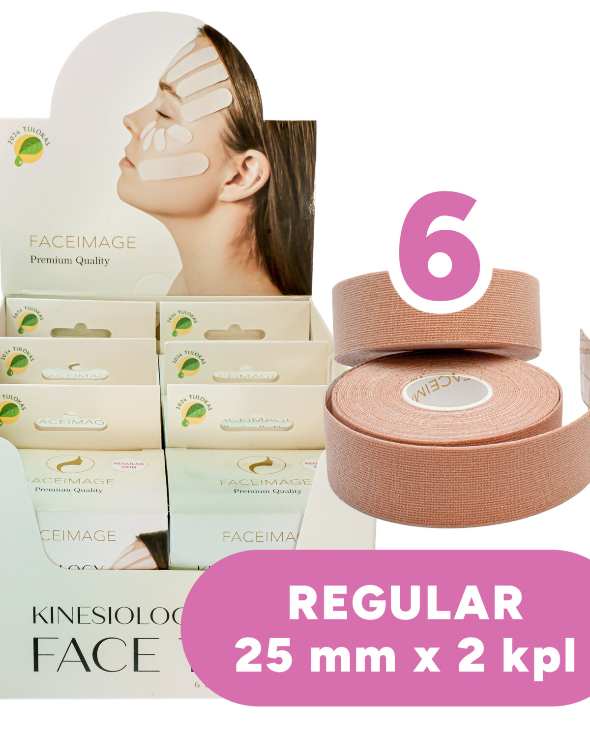 6-pack Kinesioteippi kasvoille Regular 2 x 2,5cm x 5m (beige)