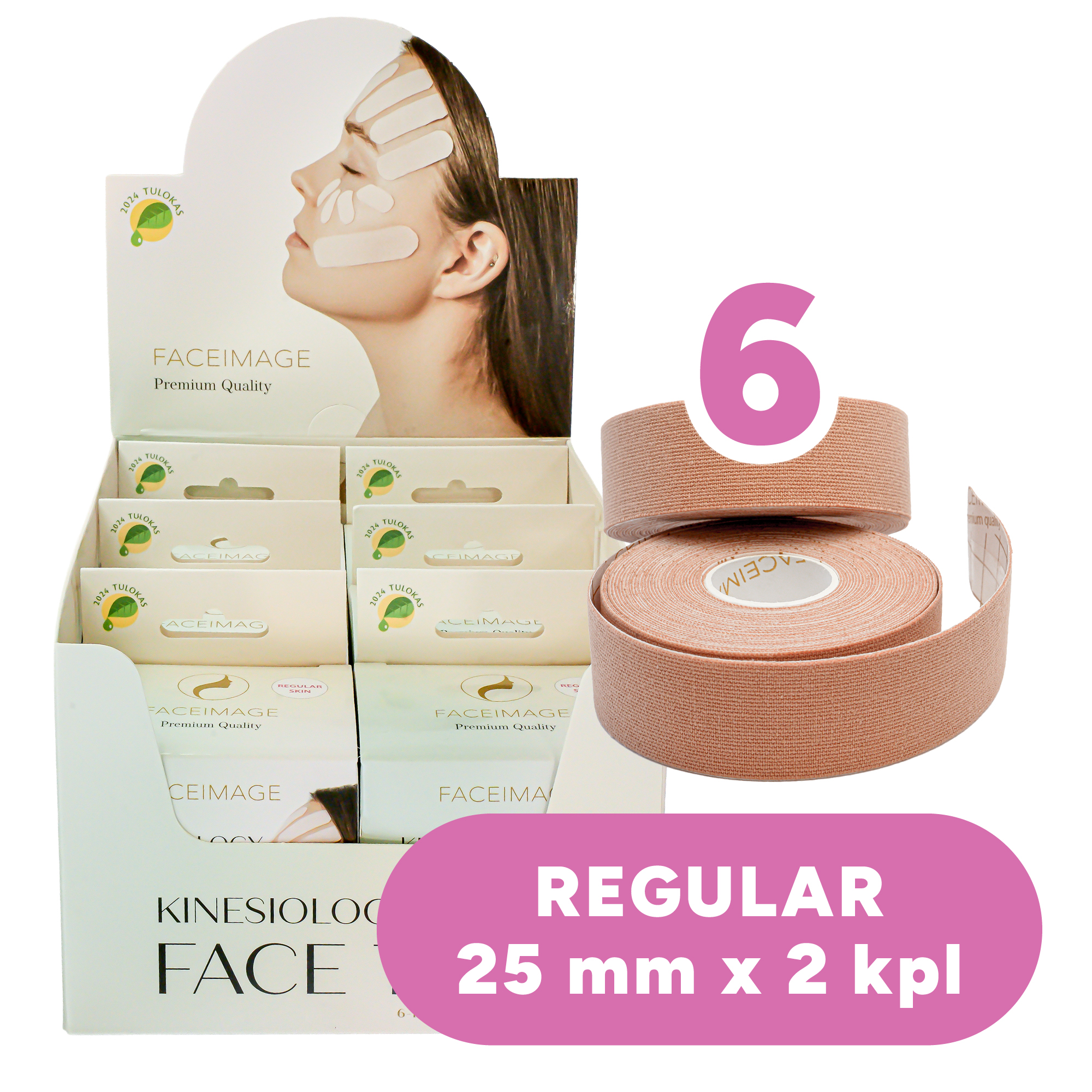 6-pack Kinesioteippi kasvoille Regular 2 x 2,5cm x 5m (beige)